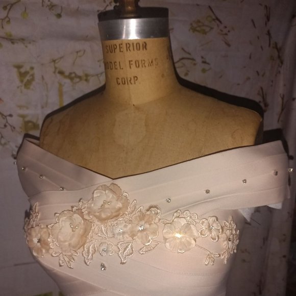 Off Shoulder Light Peach & Rhinestone Bodycon Dress - Picture 2 of 6